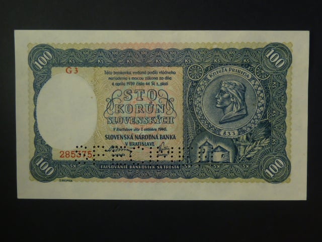 100 Ks 1940 II.vydání, série G 3, 1x perf. SPECIMEN dole