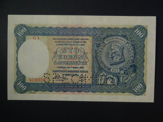 100 Ks 1940 II.vydání, série G 8, 1x perf. SPECIMEN dole