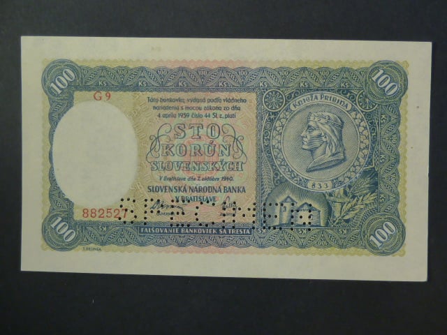 100 Ks 1940 II.vydání, série G 9, 1x perf. SPECIMEN dole