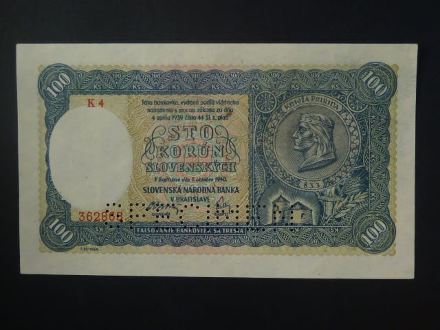 100 Ks 1940 II.vydání, série K 4, 1x perf. SPECIMEN dole