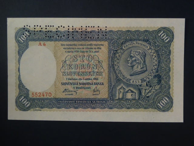 100 Ks 1940 II.vydání, série A 6, 1x perf. SPECIMEN nahoře