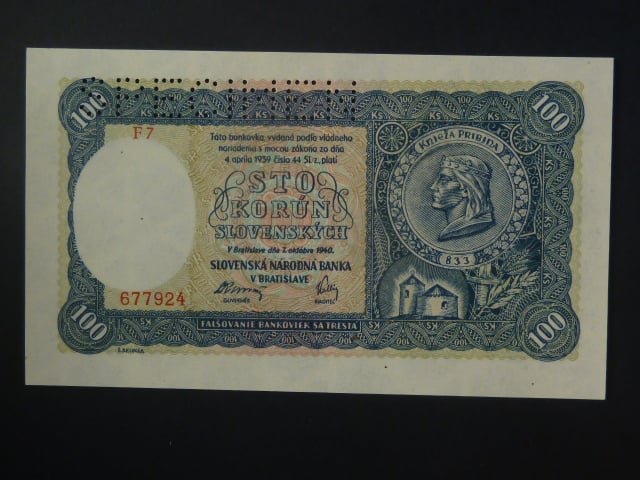 100 Ks 1940 II.vydání, série F 7, 1x perf. SPECIMEN nahoře