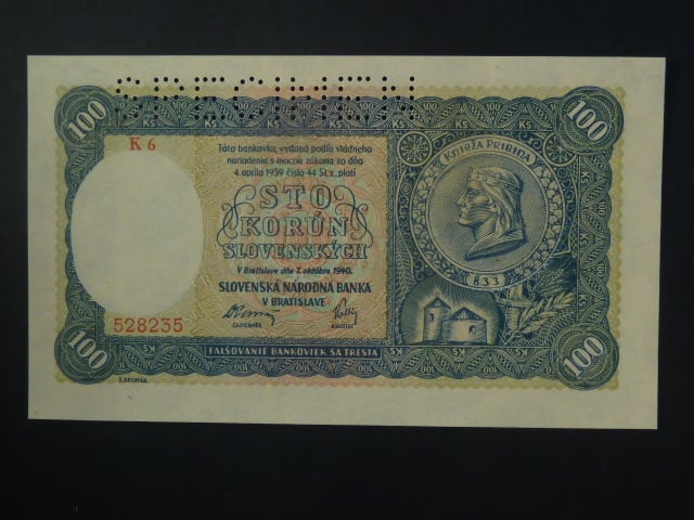 100 Ks 1940 II.vydání, série K 6, 1x perf. SPECIMEN nahoře