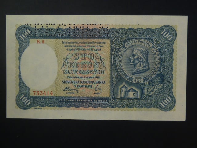 100 Ks 1940 II.vydání, série K 8, 1x perf. SPECIMEN nahoře