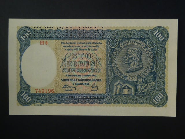 100 Ks 1940 II.vydání, série H 8, 1x perf. SPECIMEN nahoře