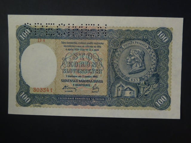 100 Ks 1940 II.vydání, série D 4, 1x perf. SPECIMEN nahoře