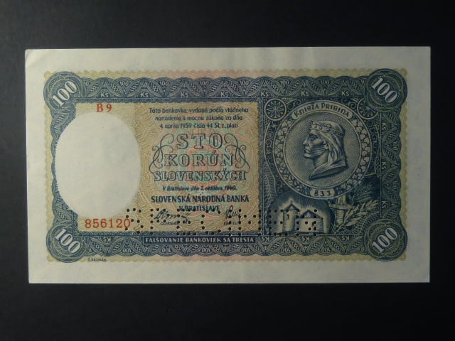 100 Ks 1940 II.vydání, série B 9, 1x perf. SPECIMEN dole