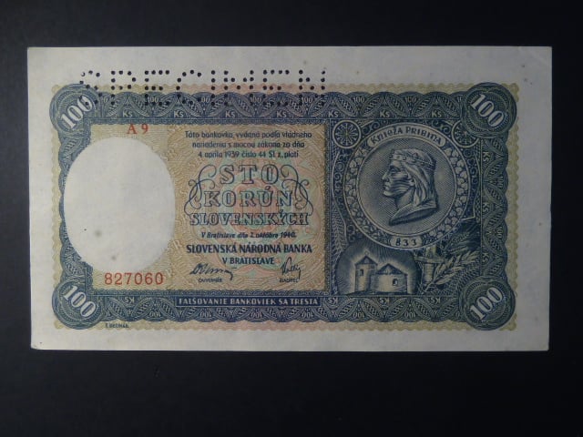 100 Ks 1940 II.vydání, série A 9, 1x perf. SPECIMEN nahoře