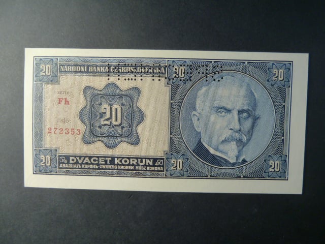 20 Kč 1926 série Fh, perf. SPECIMEN z líce