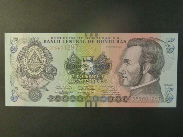 HONDURAS, 5 Lempira 2014, BNB. B346b, Pi. 98