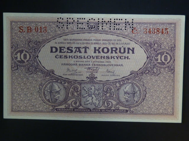 10 Kč 1927 série B 013, perf. SPECIMEN