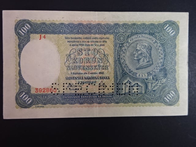 100 Ks 1940 II.vydání, série J 4, 1x perf. SPECIMEN dole
