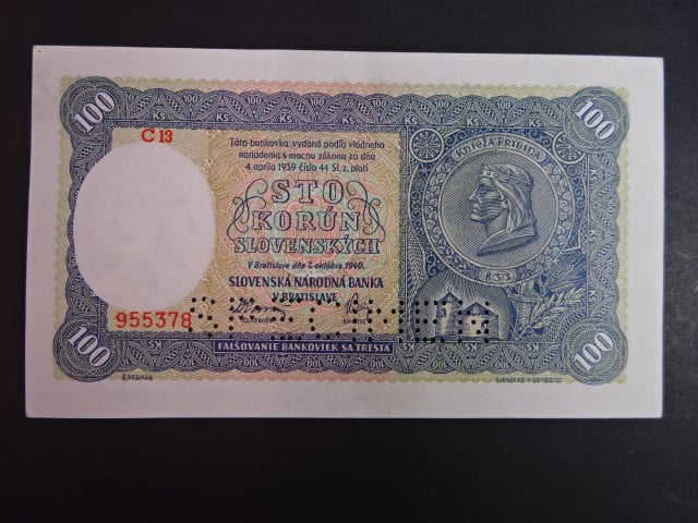 100 Ks 1940 I.vydání, série C 13, 1x perf. SPECIMEN dole