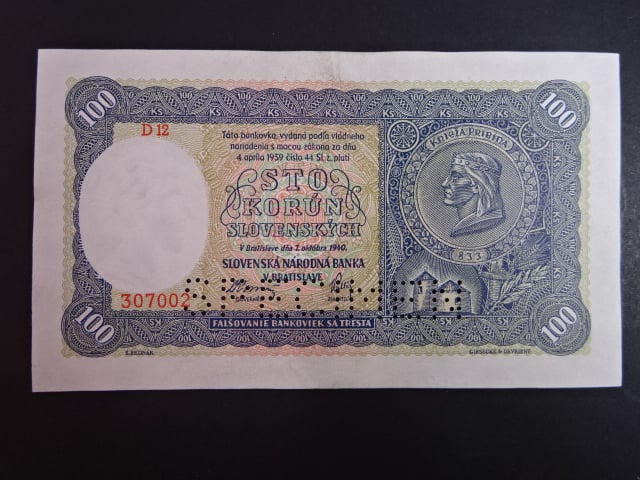 100 Ks 1940 I.vydání, série D 12, 1x perf. SPECIMEN dole
