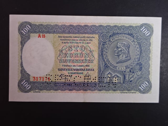 100 Ks 1940 I.vydání, série A 15, 1x perf. SPECIMEN dole