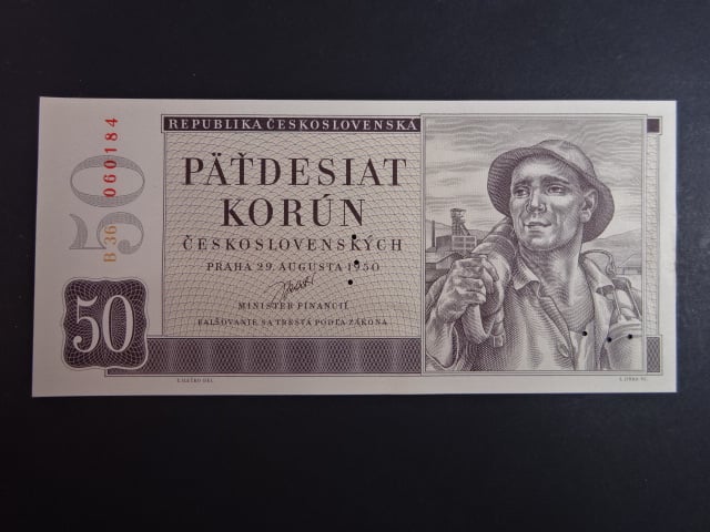 50 Kčs 1950 série B 36, 2x perf. "3md" do obloučku