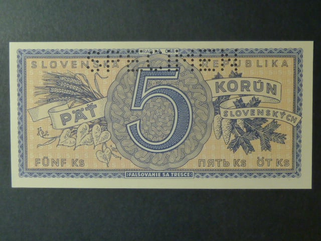 5 Ks 1945 série A 048, perf. SPECIMEN nahoře