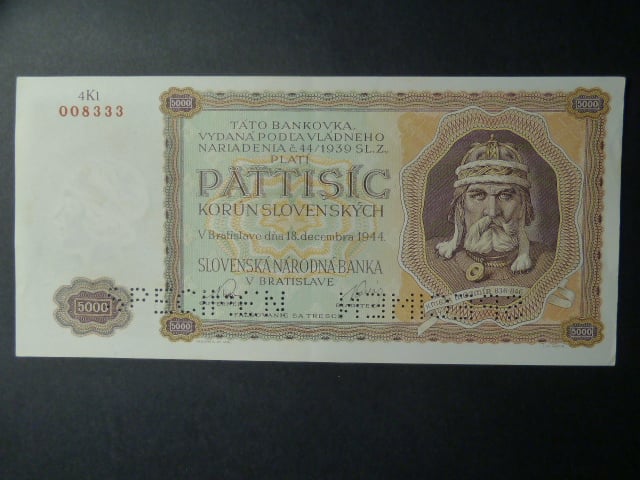 5000 Ks 1944 série 4Kl, nevydaná, 2x perf. SPECIMEN dole