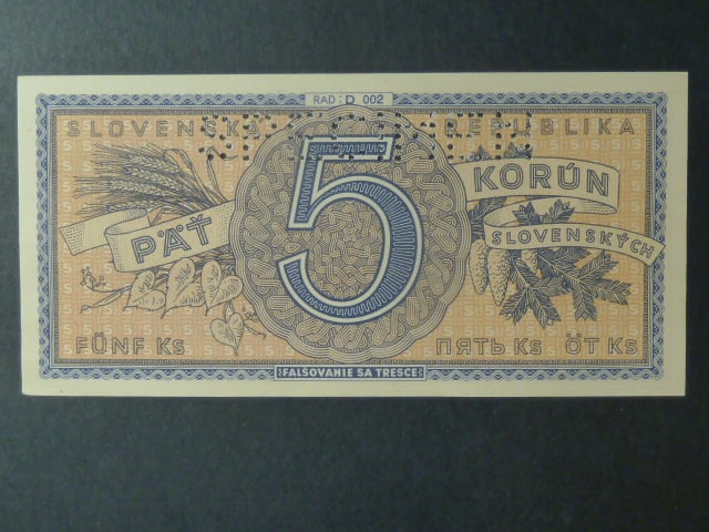 5 Ks 1945 série D 002, perf. SPECIMEN nahoře