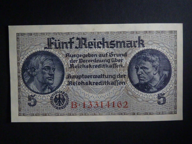 vydání pro obsazené území 1939-45, 5 Reichsmark série B, Ros. ZWK-4a