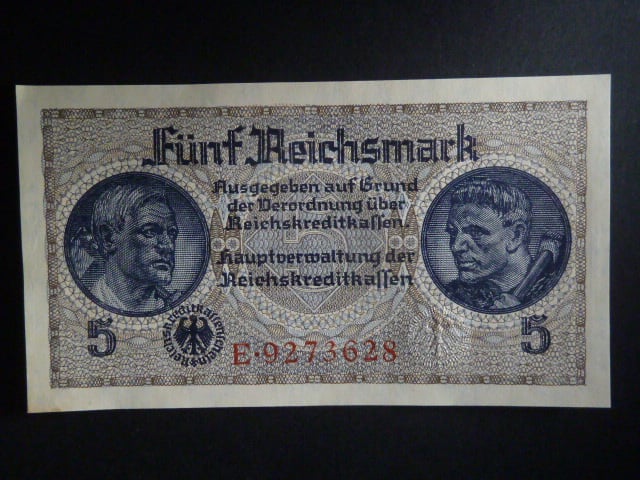 vydání pro obsazené území 1939-45, 5 Reichsmark série E, Ros. ZWK-4a