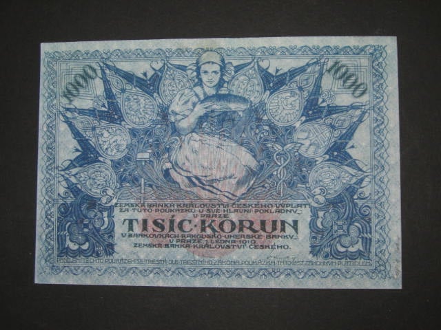 1000 K 1919 poukázka království českého, nevydaná, modrá, jednostranná