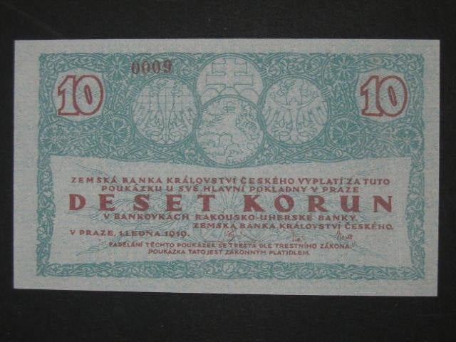 10 K 1919 poukázka království českého, nevydaná, jednostranná