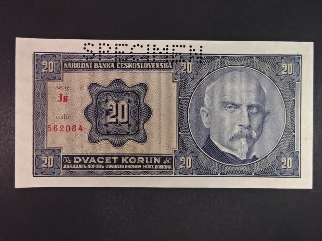 20 Kč 1926 série Jg, perf. SPECIMEN z rubu
