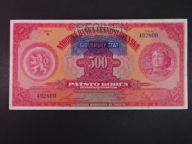 500 Ks 1929/1939 s přetiskem série G, perf. 2x SPECIMEN nahoře