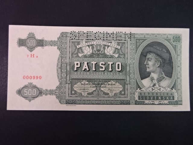 500 Ks 1941 série 7Ha 000990, perf. SPECIMEN nahoře