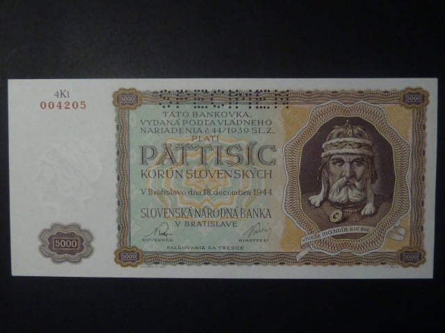 5000 Ks 1944 série 4Kl, nevydaná, 1x perf. SPECIMEN nahoře