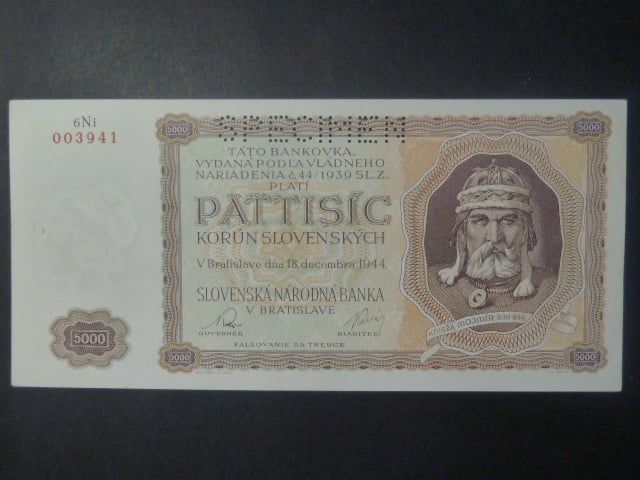 5000 Ks 1944 série 6Ní, nevydaná, 1x perf. SPECIMEN nahoře