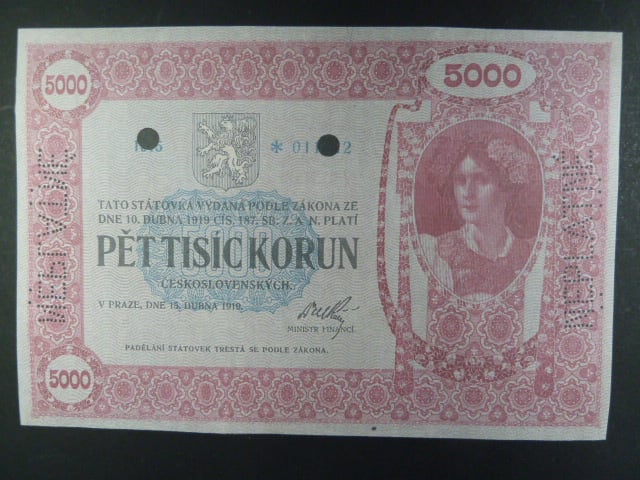 5000 Kč 1919, nejzachovanější známý kus, oboustranná