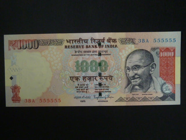 INDIE, 1000 Rupees 2014, prefix 3BA 555555, BNB. B291d1, Pi. 107