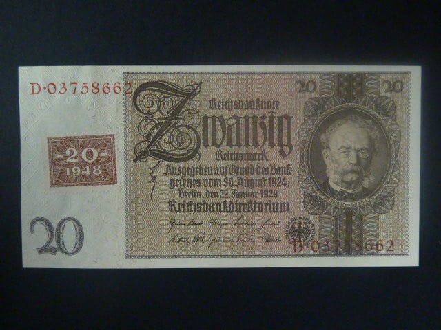 DDR - 20 DM 1948 (1929) série D válečná s kolkem, Ro. 335, Grab. SBZ-6c