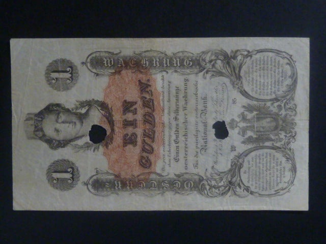 1 Gulden 1858 série W 85, 2x skartační otvor