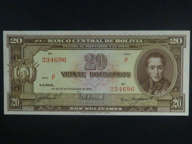 BOLÍVIE, 20 Bolivianos 1954, BNB. B329g, Pi. 140