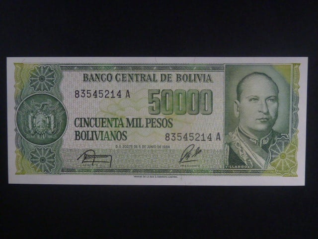 BOLÍVIE, 5 centavos/50000 pesos Bolivianos 1984, BNB. B381a, Pi. 196