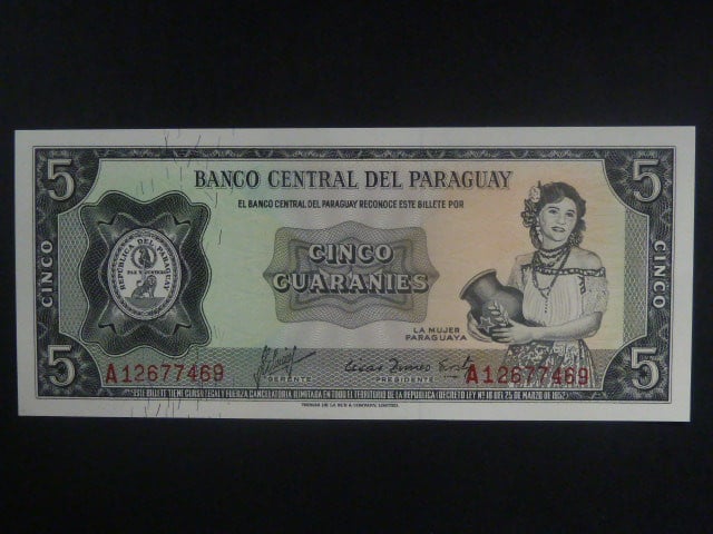 PARAGUAY, 5 Guaranies 1952 varianta podpisu 2, BNB. B811b, Pi. 195a