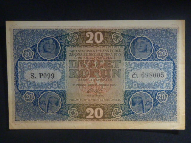 20 Kč 1919 série P 099, zažlotlý okraj