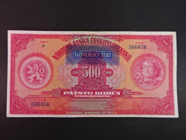 500 Ks 1929/1939 s přetiskem série G, perf. 1x SPECIMEN nahoře