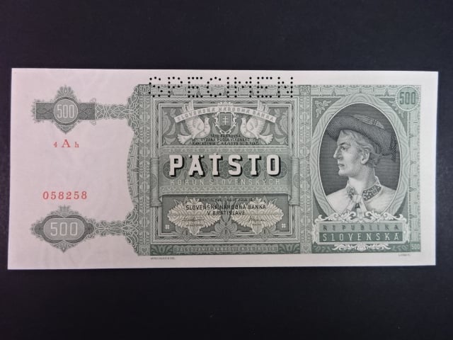 500 Ks 1941 série 4Ah, perf. SPECIMEN nahoře