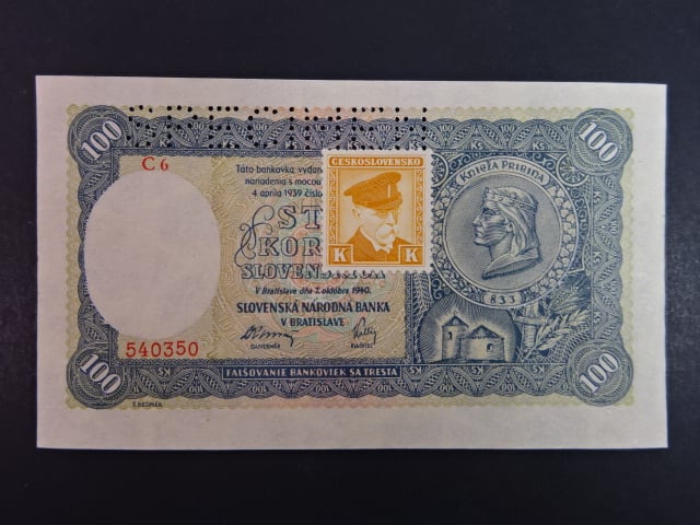 100 Ks 1940 II.vydání, kolkovaná série C 6, perf. SPECIMEN nahoře