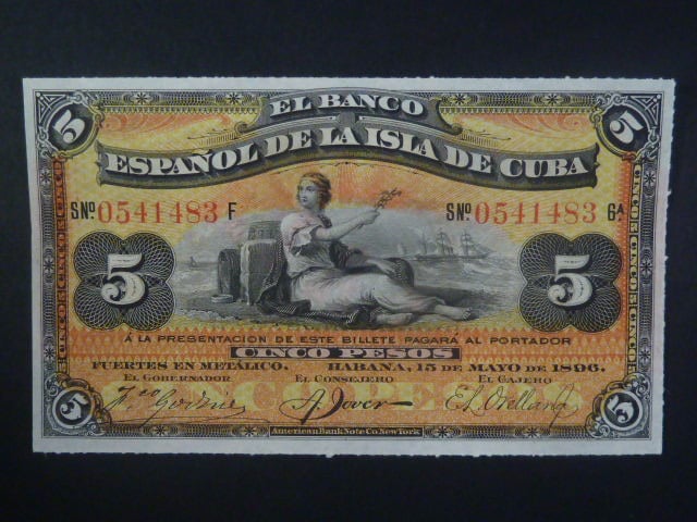KUBA, 5 Pesos 1896, červeně PLATA, BNB. B306b, Pi. 48