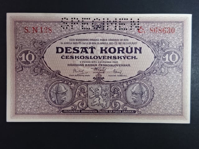 10 Kč 1927 série N 128, perf. SPECIMEN