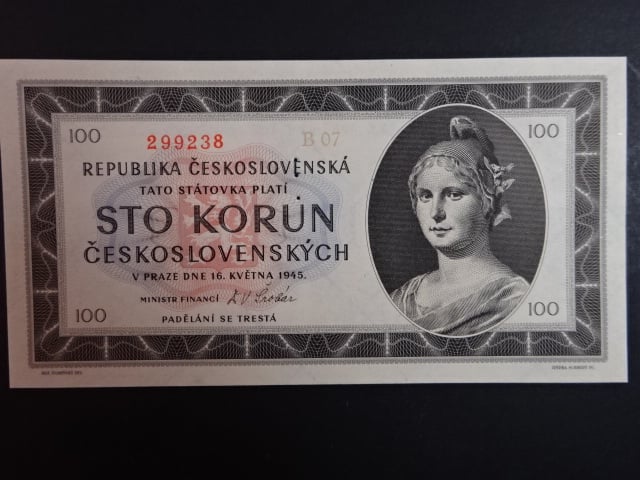 100 Kčs 1945 série B 07, perf. "3md" nad sebou