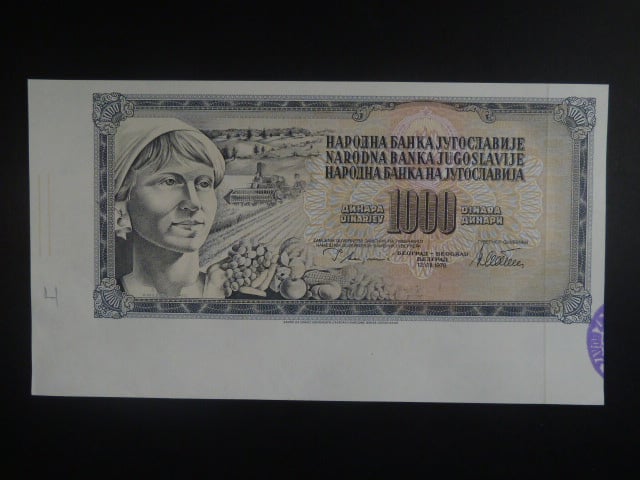 1000 Dinara 1978 schvalovací tisk bez číslovače, rub jen podtisk, BNB. B414b, Pi. 92