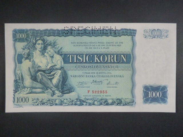 1000 Kč 1934 série F, 1x perf. SPECIMEN