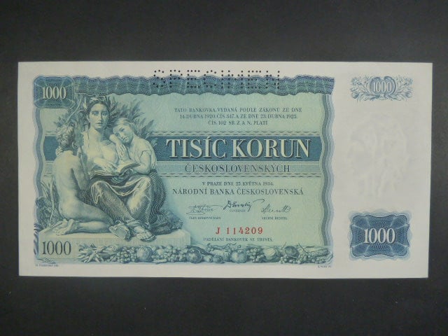 1000 Kč 1934 série J, 1x perf. SPECIMEN