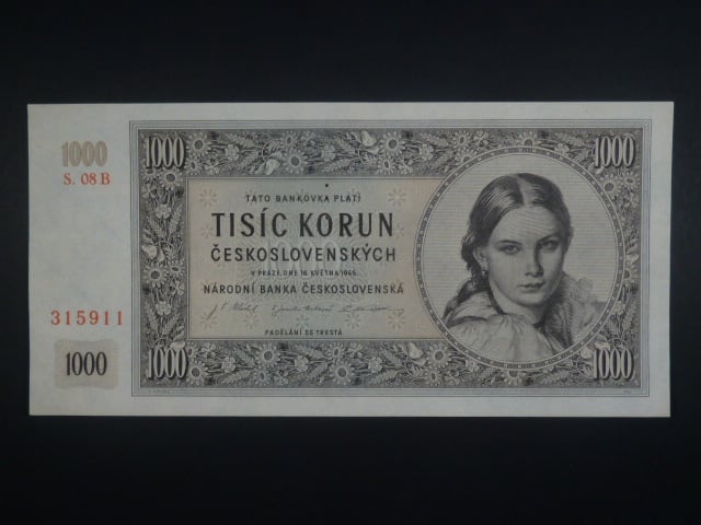 1000 Kčs 1945 série B 08, perf. "3md" nad sebou